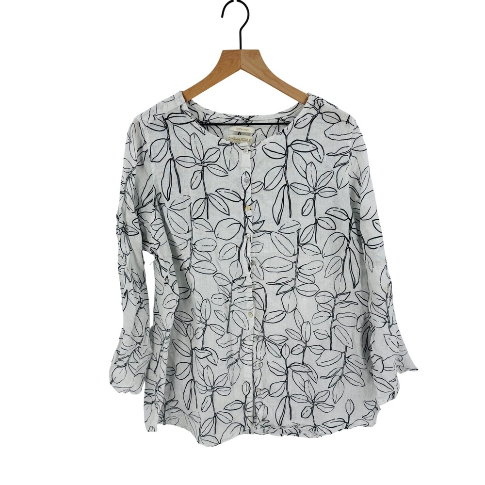 Cynthia Rowley Linen Top White Black Leaf Print Size 1X Coastal Lagenlook Artsy